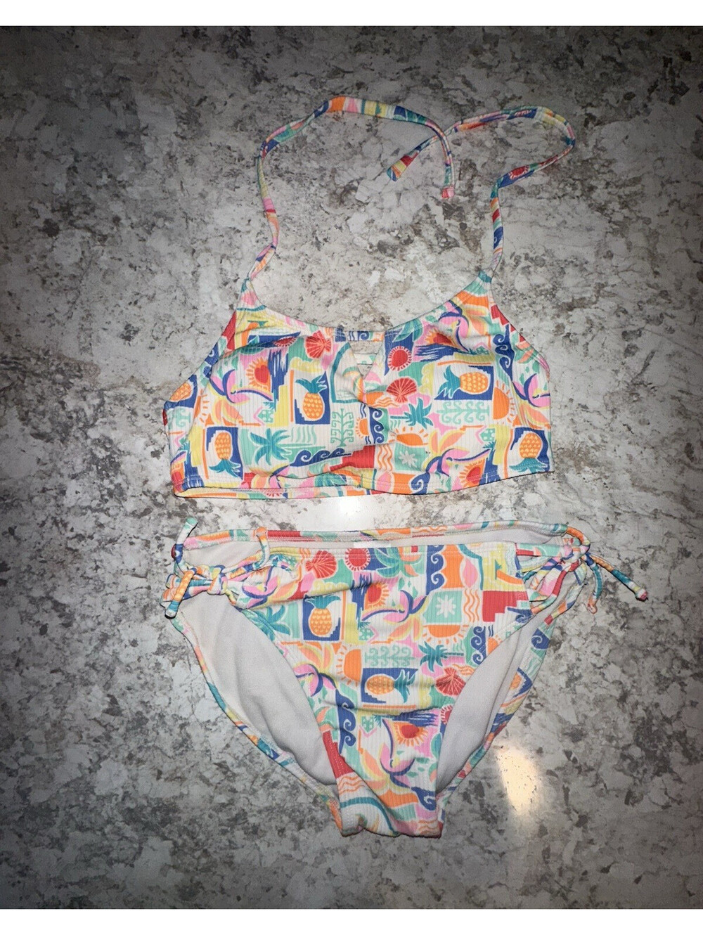 Art Class Tropical Multicolor 2-Piece Bikini Set XL (14) Halter Lined Tie